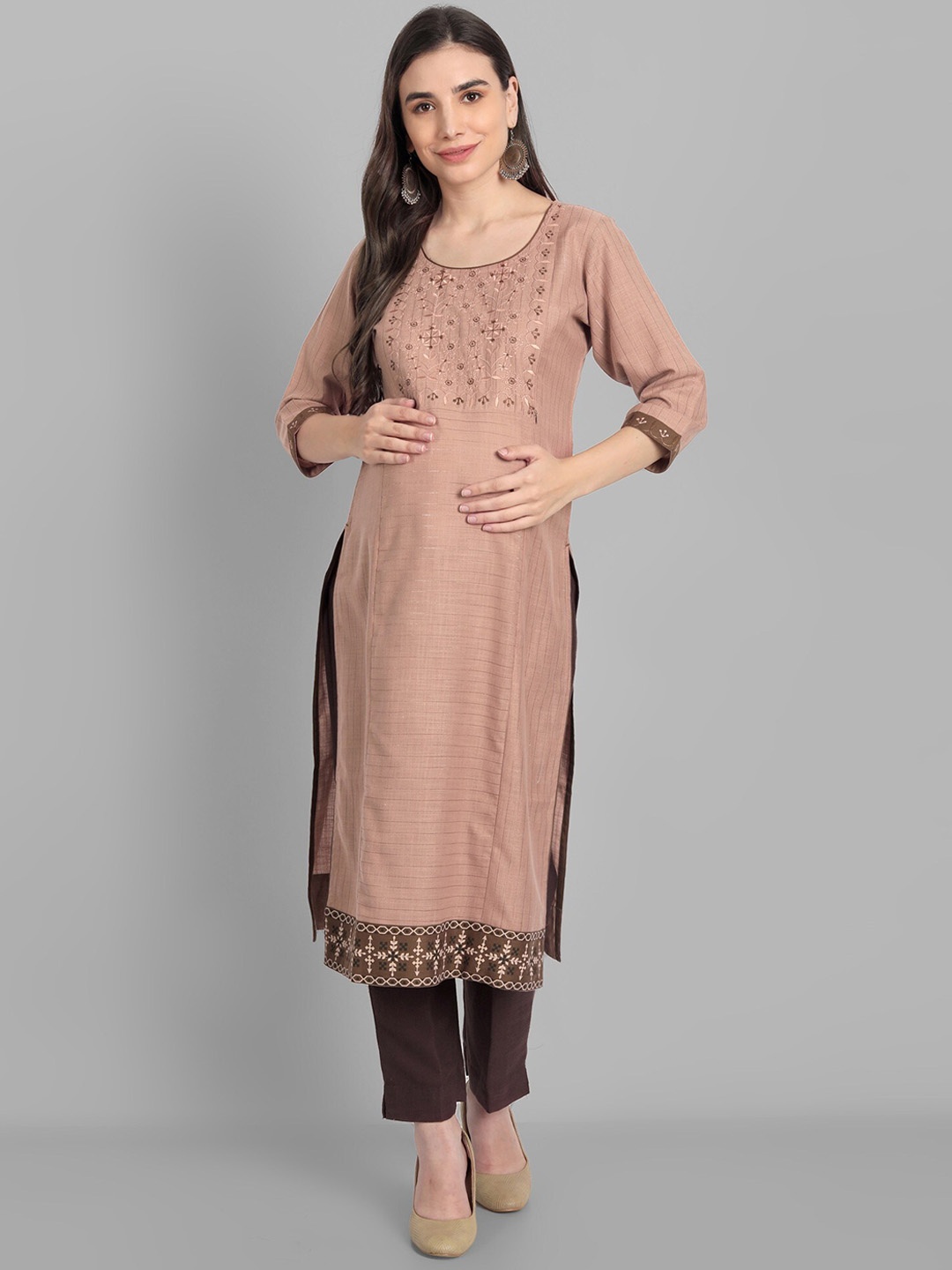 

True Shape Ethnic Motifs Embroidered Maternity Kurta, Brown