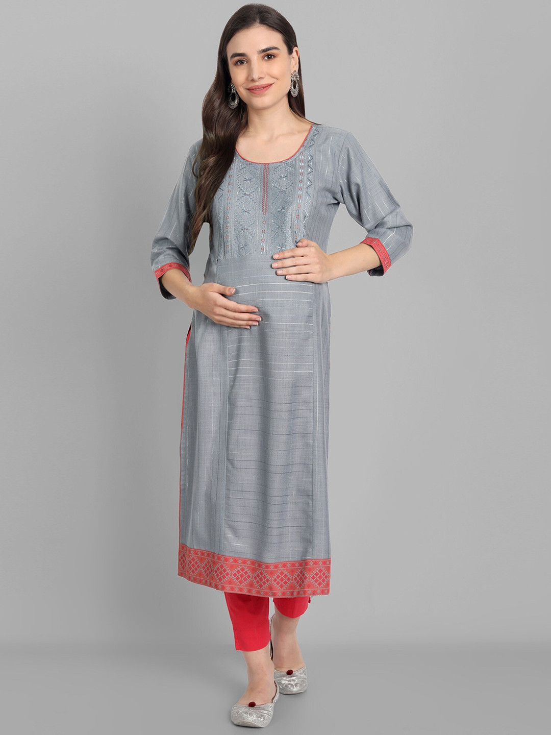 

True Shape Ethnic Motifs Embroidered Maternity Kurta, Grey