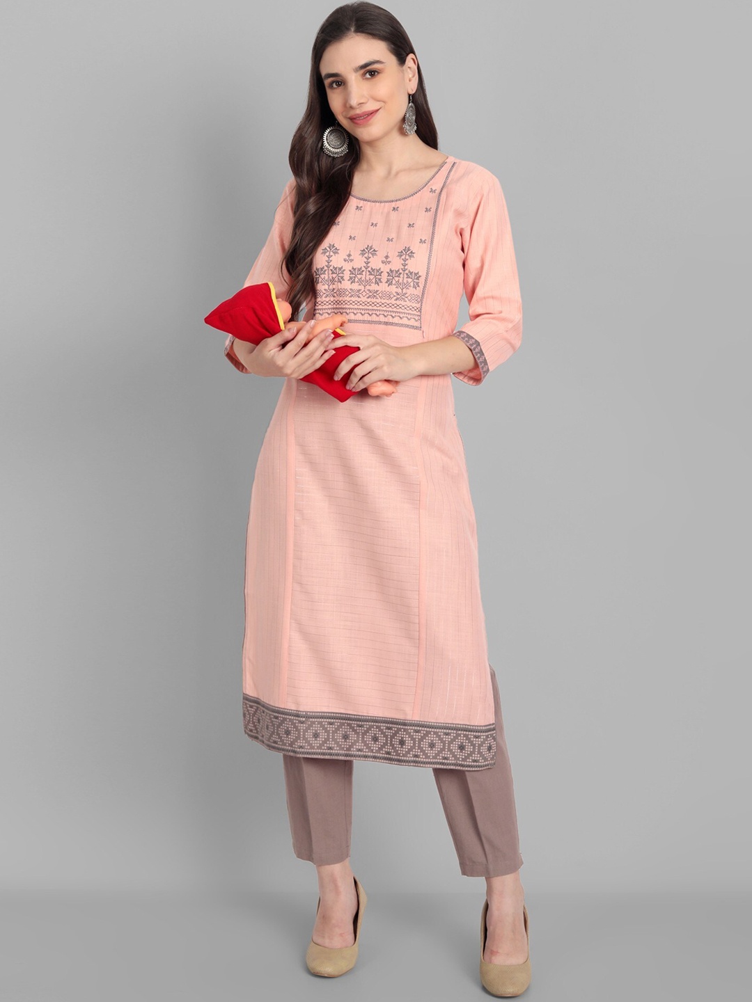 

True Shape Embroidered Yoke Design Maternity Kurta, Peach