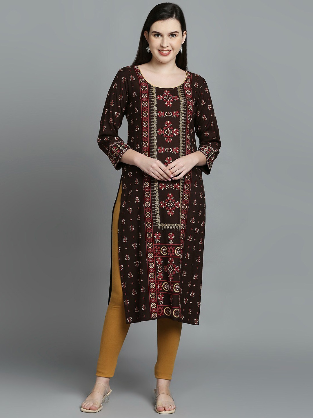 

True Shape Ethnic Motifs Printed Maternity Kurta, Camel brown