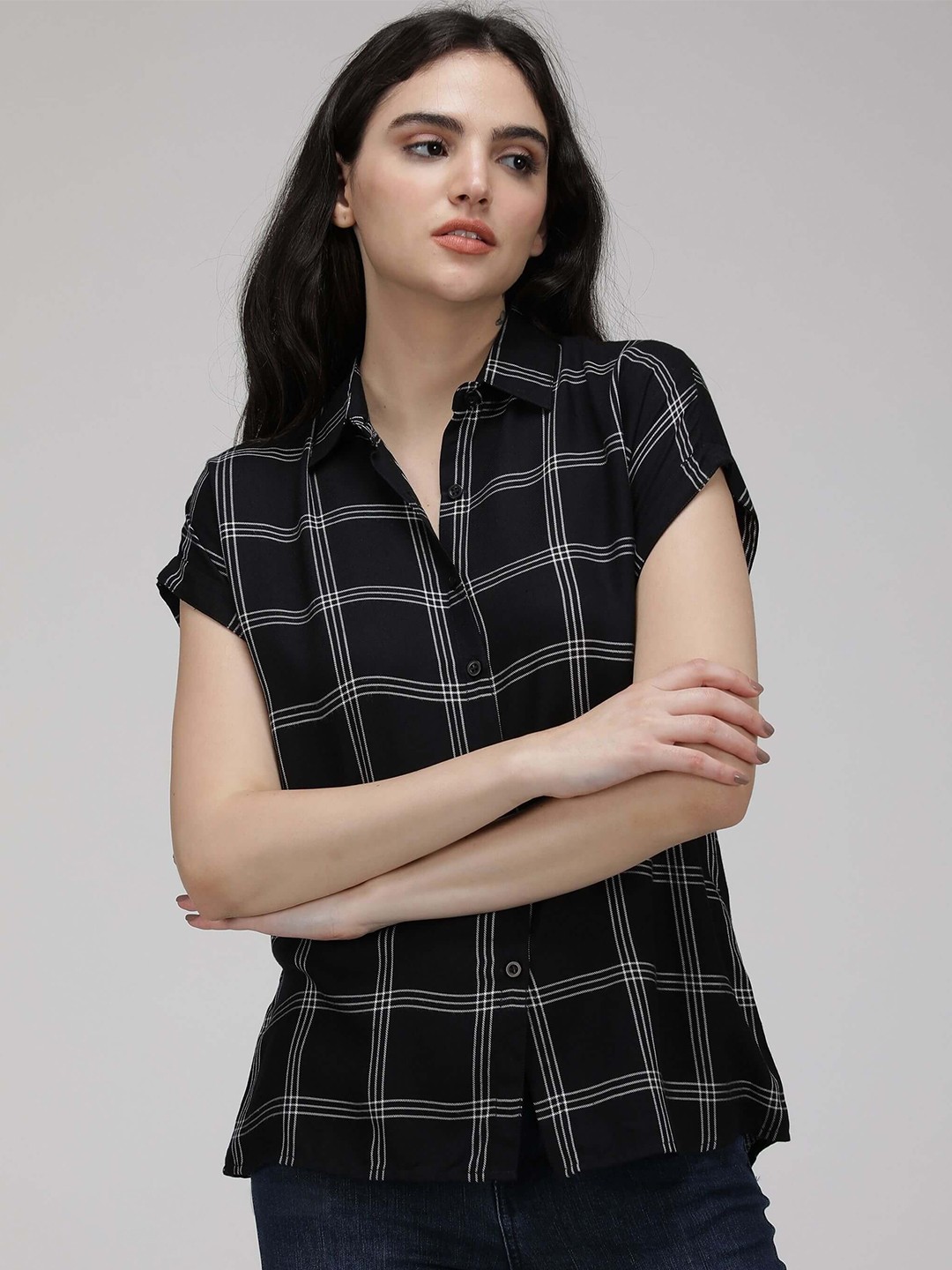 

IDK Checked Extended Sleeves Shirt Style Top, Black