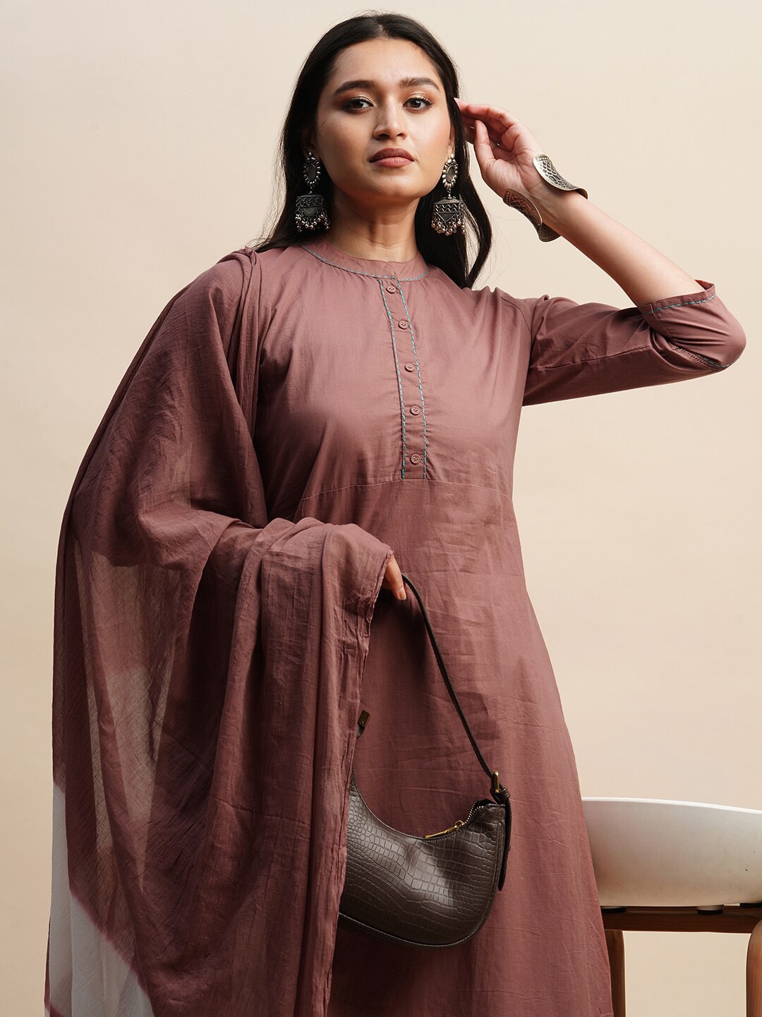 

Sangria Mandarin Collar Pure Cotton Kurta With Trousers & Dupatta, Brown