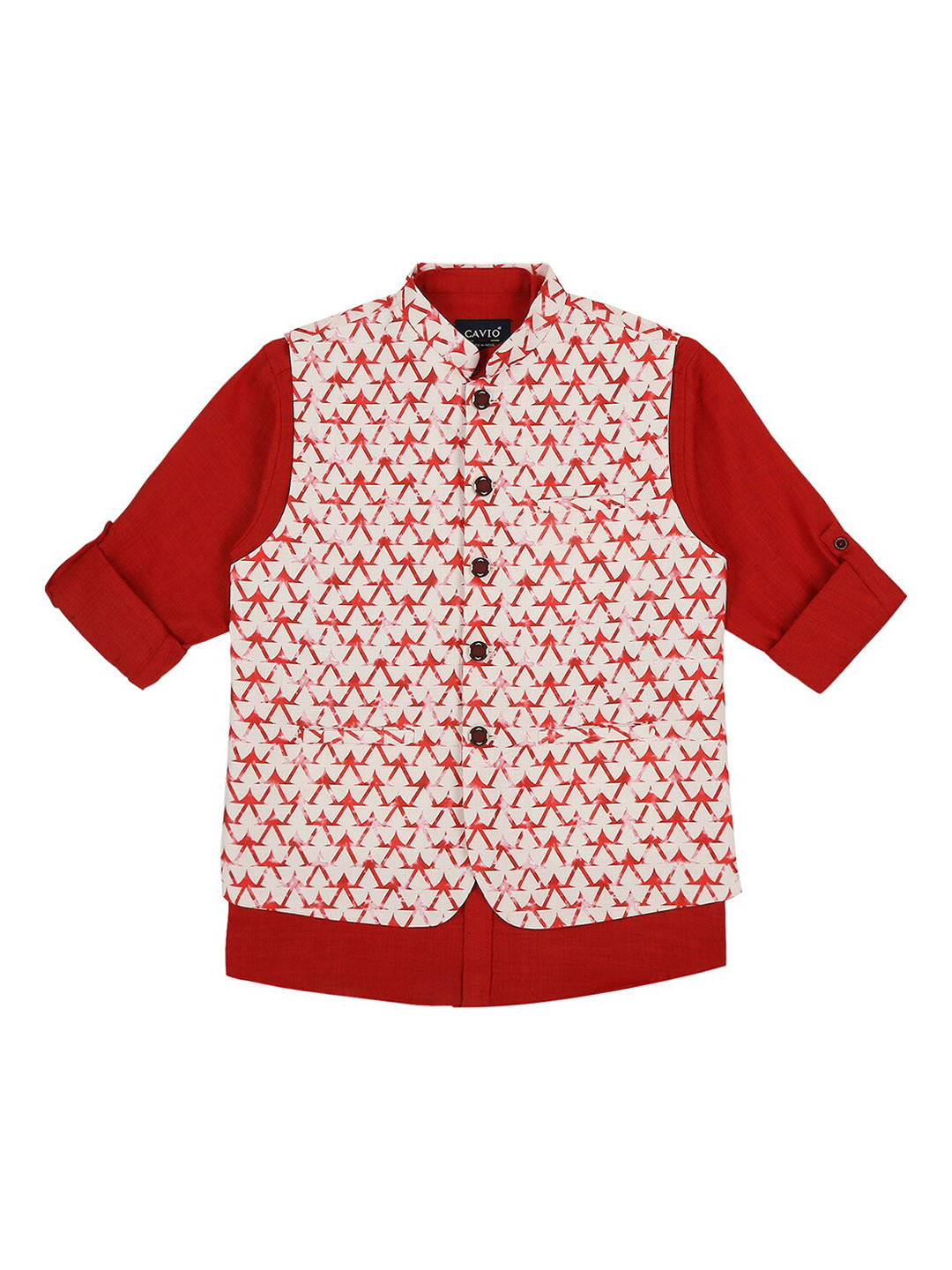 

CAVIO Boys Printed Pure Cotton Mandarin Collar Slim Fit Nehru Jacket With Shirt, Red