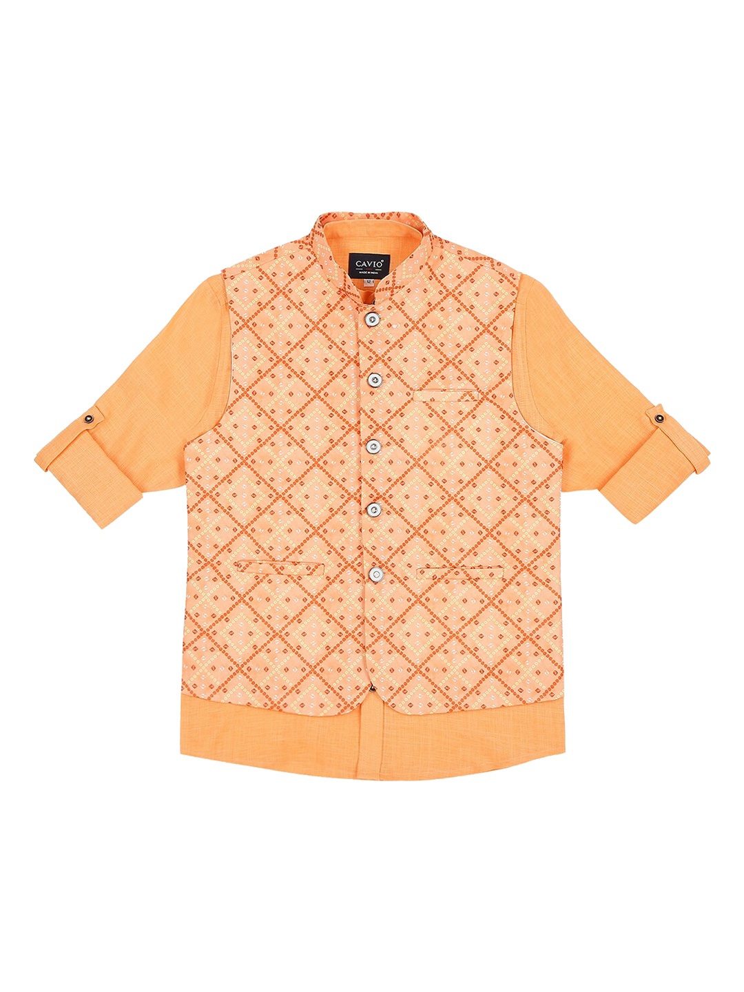 

CAVIO Boys Printed Pure Cotton Mandarin Collar Slim Fit Nehru Jacket With Shirt, Orange