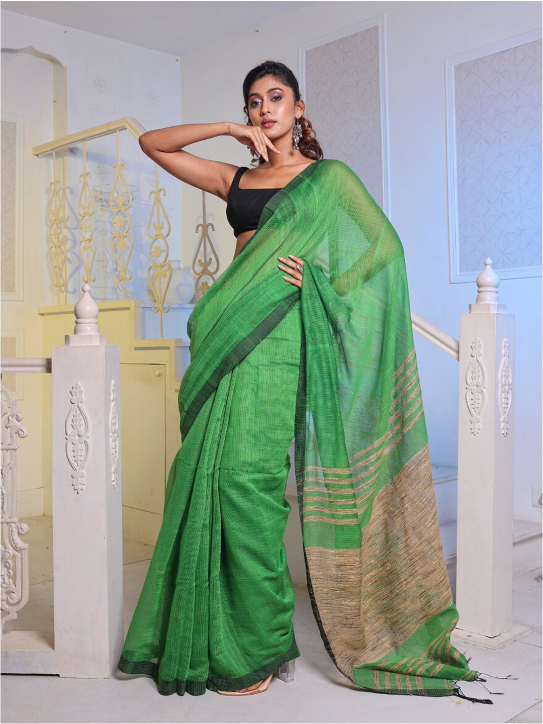 

Charukriti Striped Woven Design Saree, Green