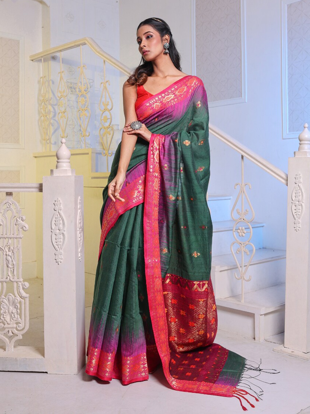 

Charukriti Ethnic Motifs Woven Design Zari Pure Silk Saree, Green