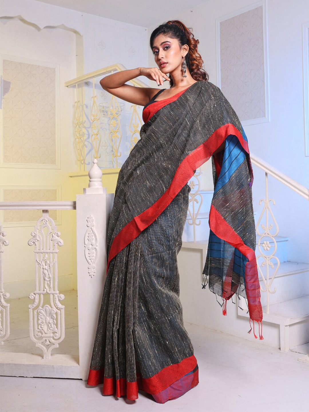 

Charukriti Striped Woven Design Saree, Black