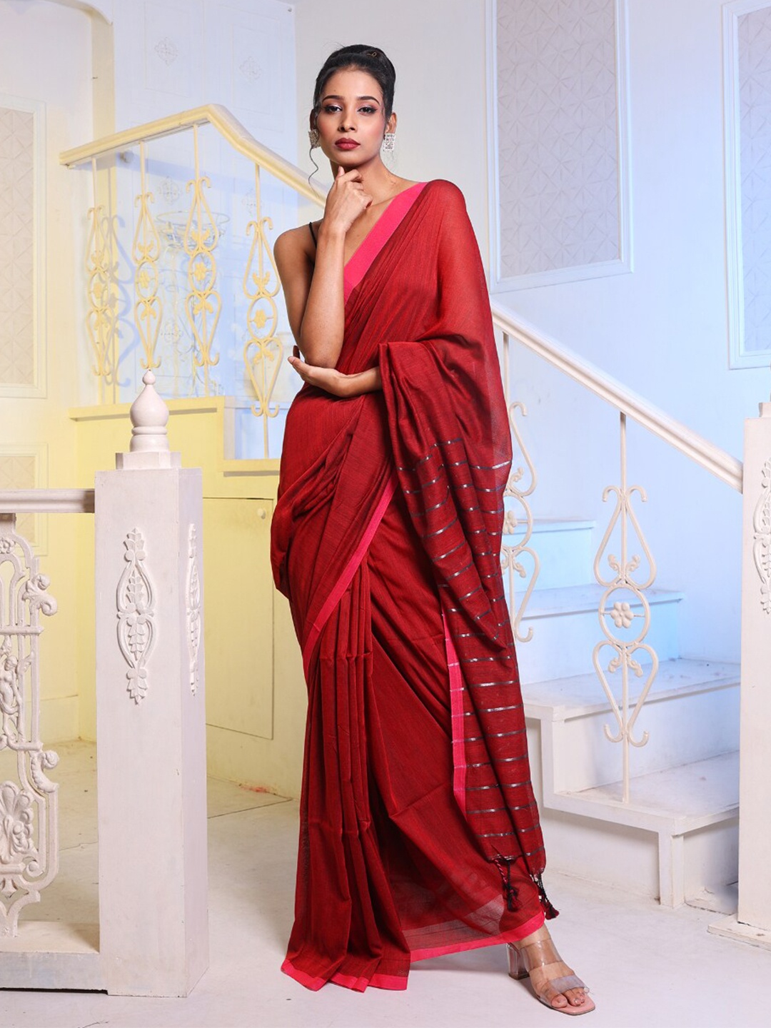 

Charukriti Striped Pallu Pure Cotton Saree, Red