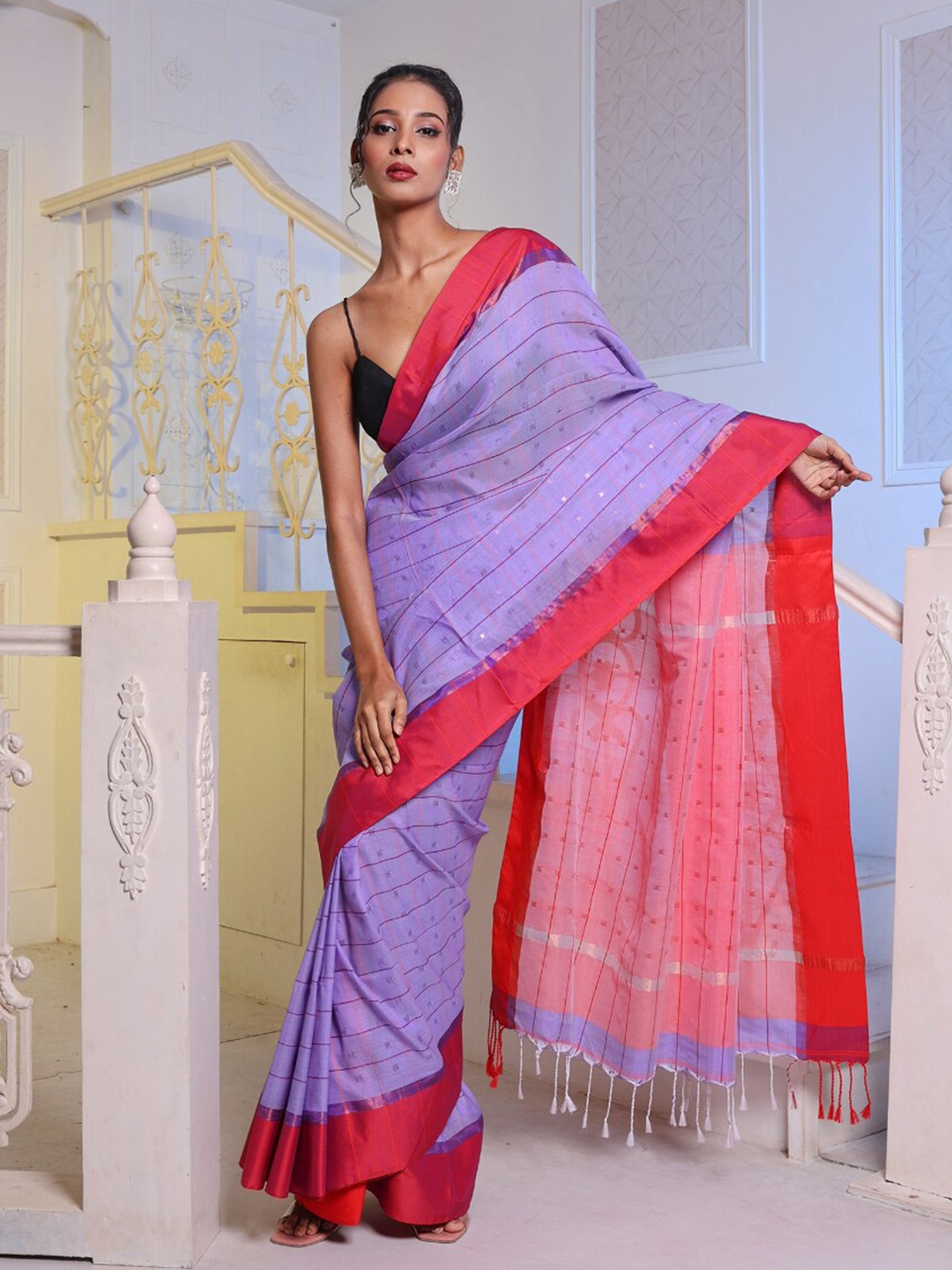 

Charukriti Striped Embellished Pure Silk Saree, Lavender