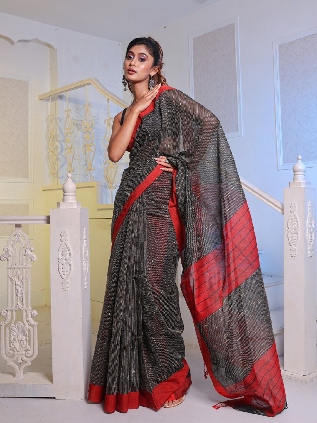 

Charukriti Striped Woven Design Saree, Black