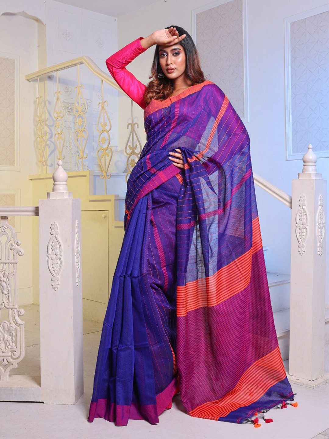 

Charukriti Striped Cotton Blend Saree With Blouse Piece, Blue