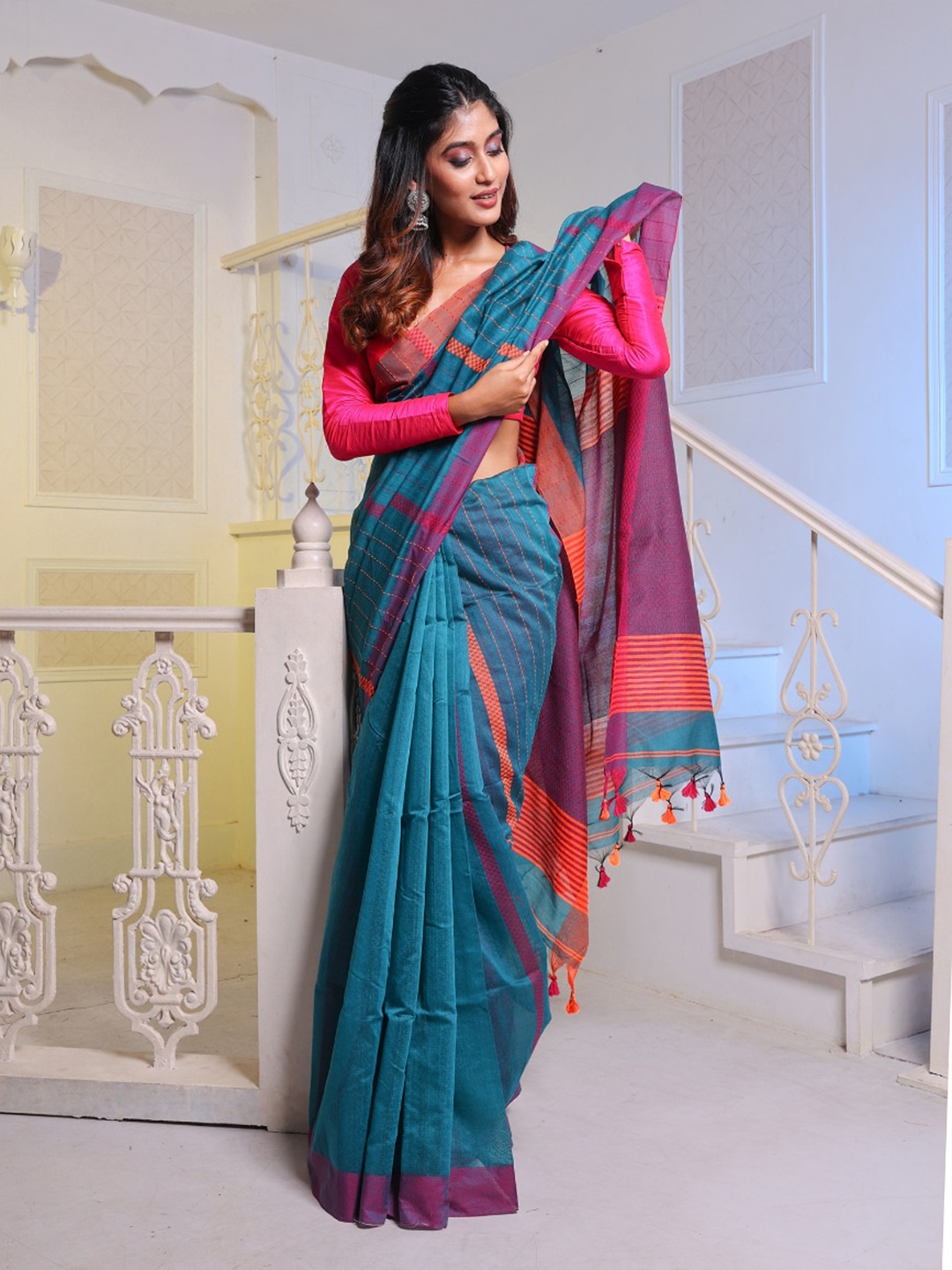 

Charukriti Striped Woven Design Saree, Teal