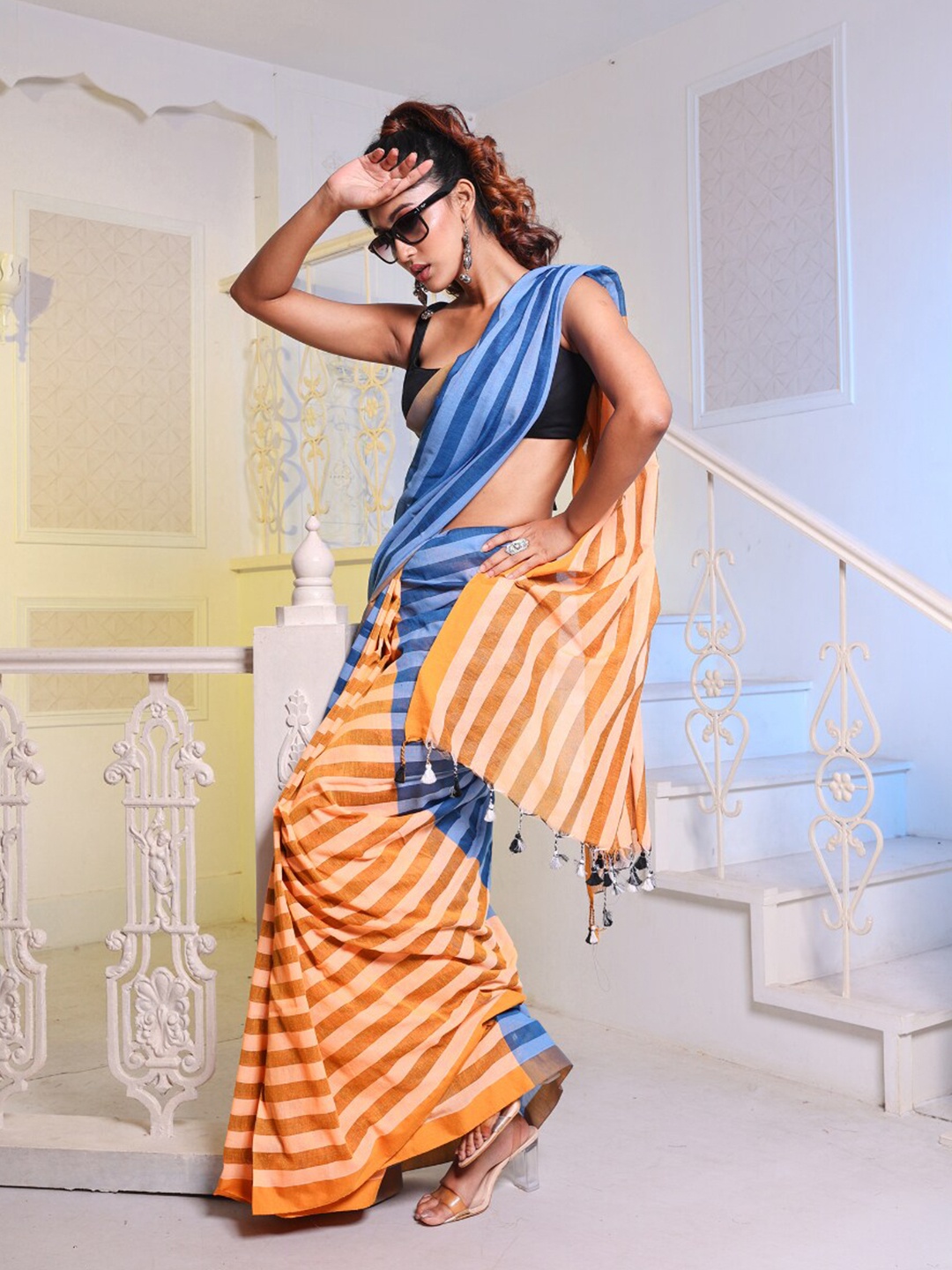 

Charukriti Striped Woven Design Pure Cotton Saree, Blue