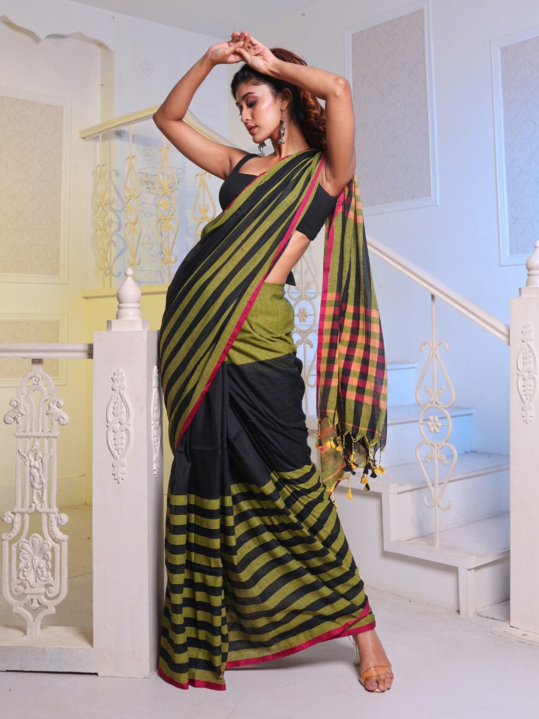 

Charukriti Striped Pure Cotton Saree, Black