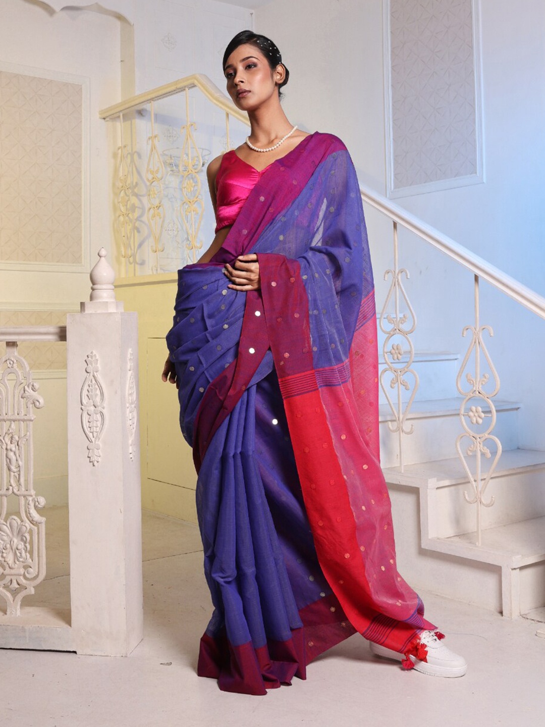 

Charukriti Polka Dots Woven Design Zari Saree, Blue