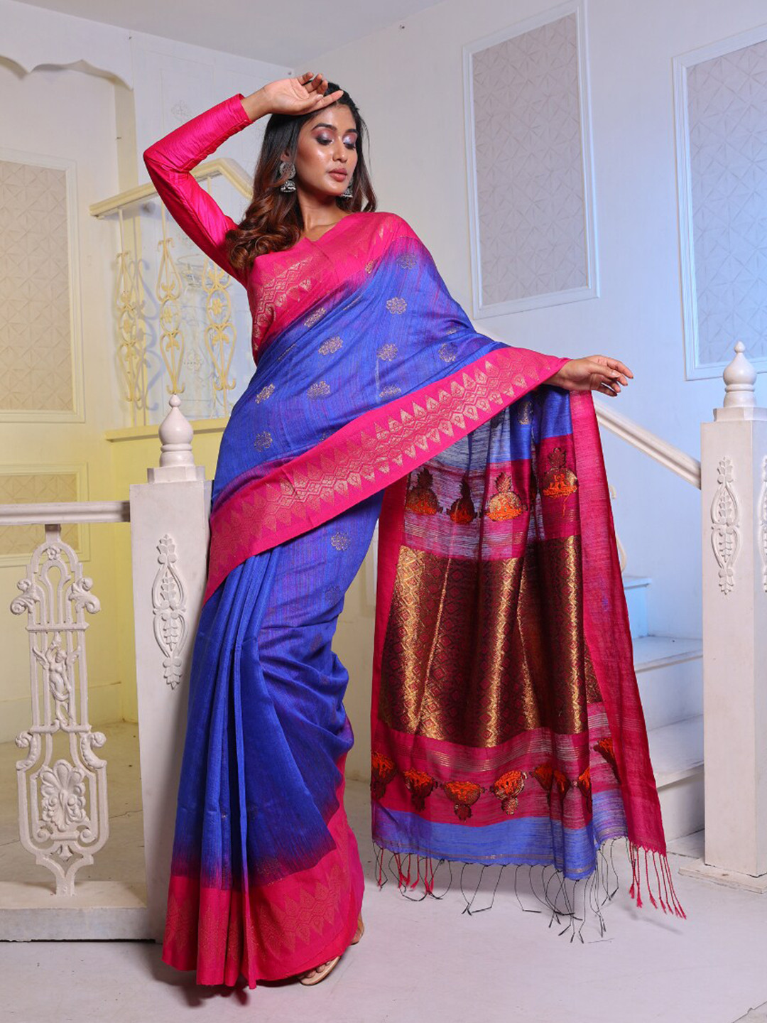 

Charukriti Ethnic Motifs Woven Design Zari Pure Silk Saree, Blue