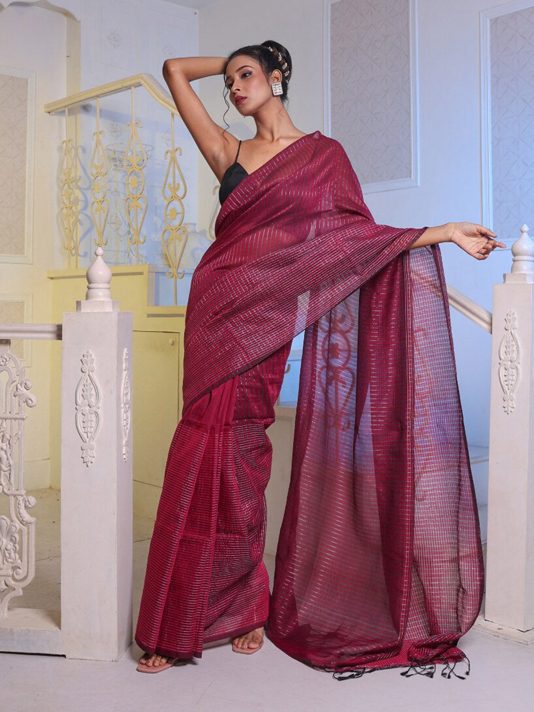 

Charukriti Striped Pure Cotton Saree, Magenta