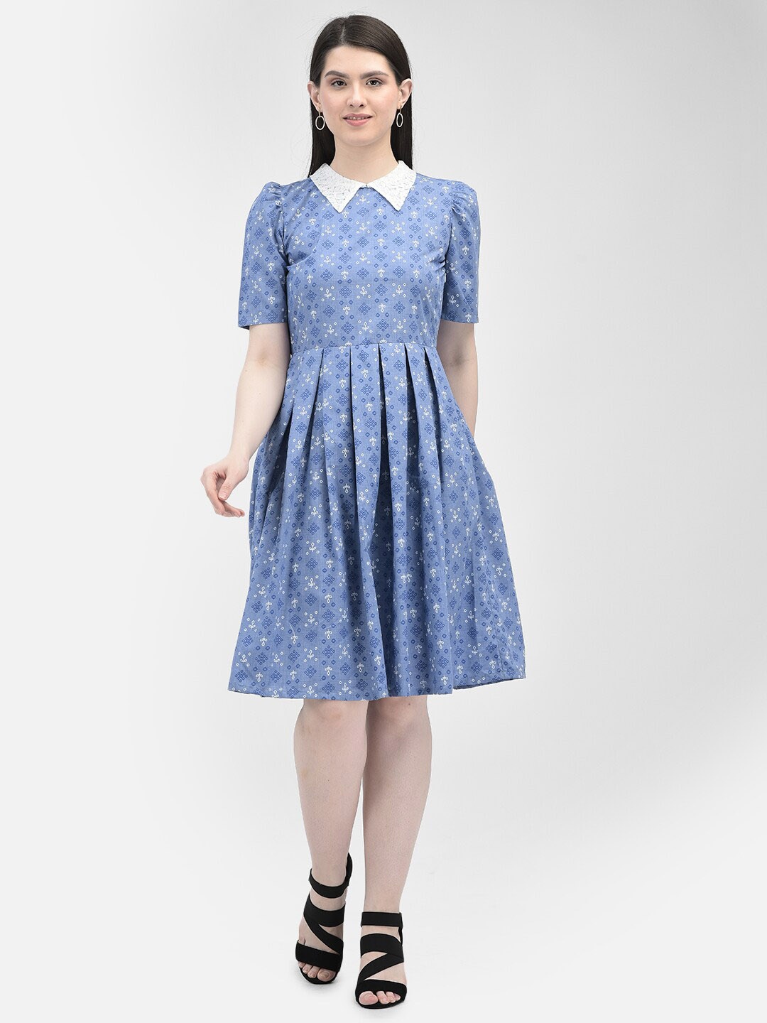 

Eavan Ethnic Motifs Printed Shirt Collar Puff Sleeve Pleated Fit & Flare Dress, Blue