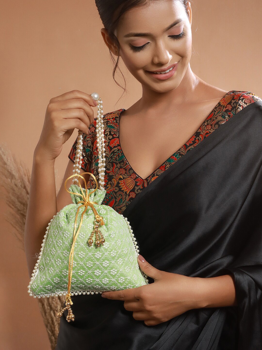 

Anouk Embroidered Potli Clutch, Green