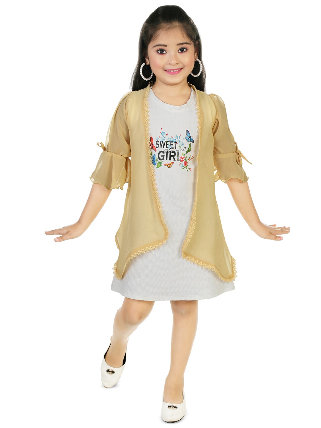 

BAESD Girls Typography Printed A-Line Dress With Shrug, White