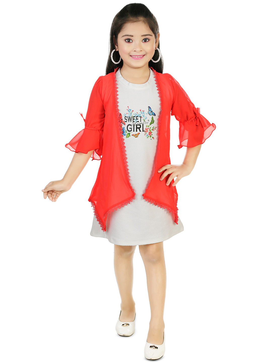 

BAESD Girls Graphic Printed Round Neck A-Line Dress with Jacket, Peach