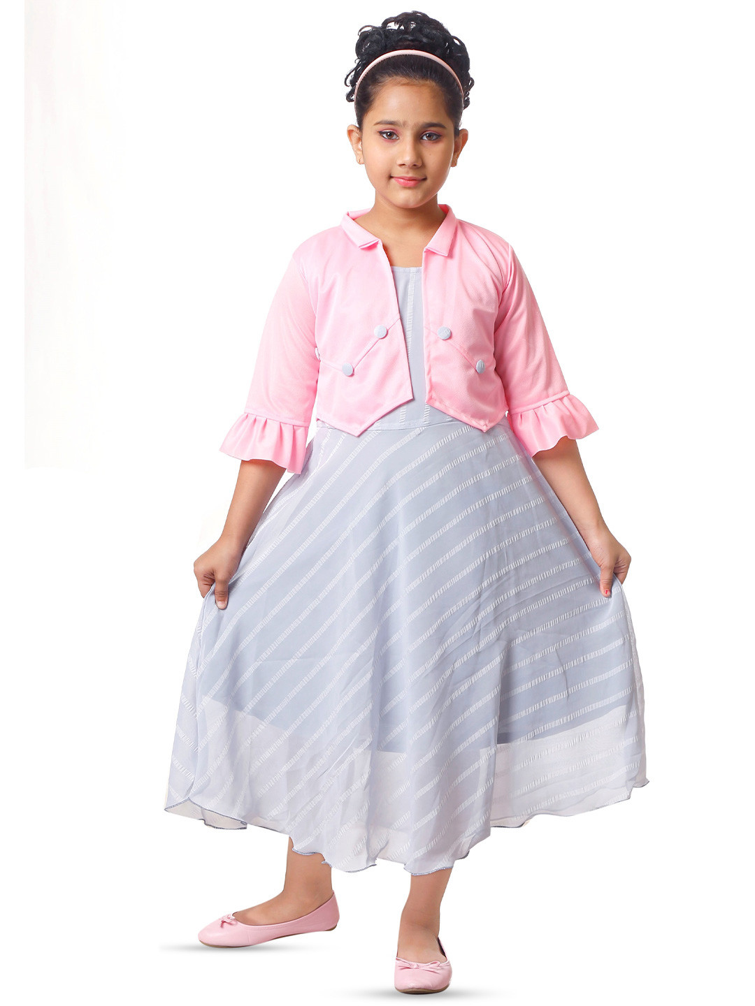 

BAESD Girls Striped Round Neck Fit & Flare Dress with Jacket, Pink