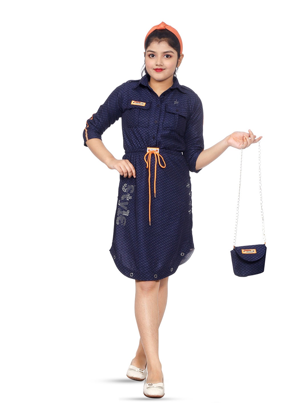 

BAESD Girls Self Designed Shirt Collar A-Line Dress, Blue