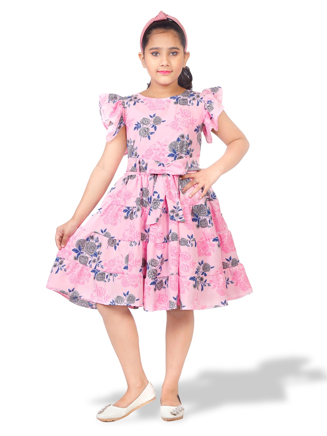 

BAESD Girls Floral Printed Flutter Sleeves Bow Detailed Tiered Fit & Flare Dress, Pink