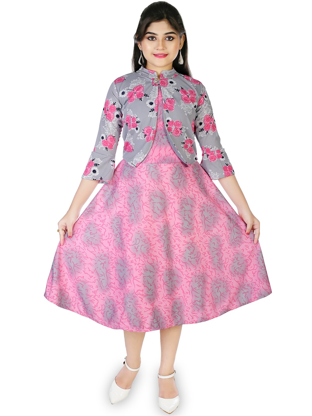 

BAESD Girls Floral Printed Mandarin Collar A-Line Midi Dress, Pink