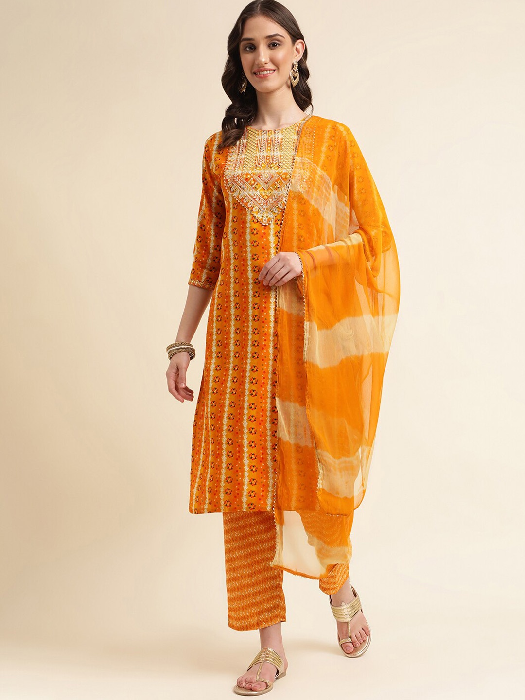

kasee Ethnic Motifs Printed Thread Work Kurta With Trousers & Dupatta, Orange