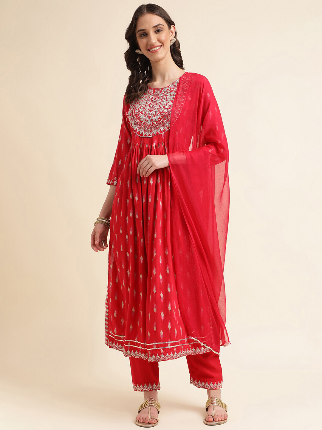 

kasee Ethnic Motifs Printed Thread Work Pleated Kurta With Trousers & Dupatta, Red