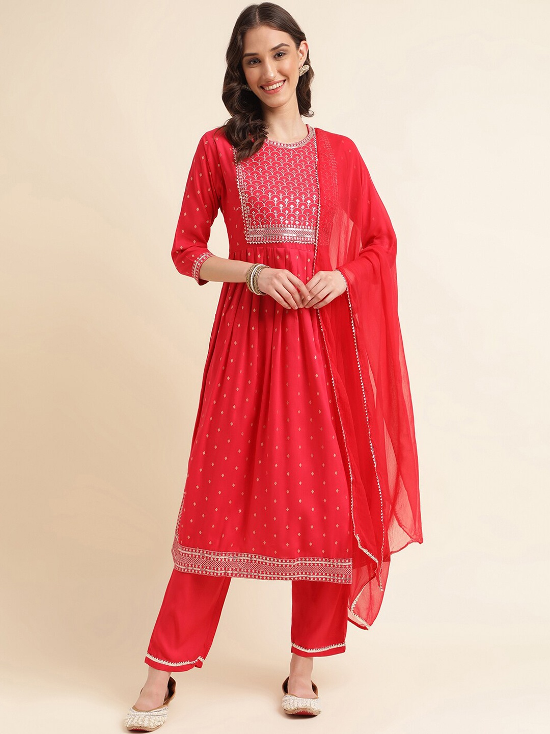 

kasee Ethnic Motifs Printed Sequinned Pleated Kurta With Trousers & Dupatta, Red