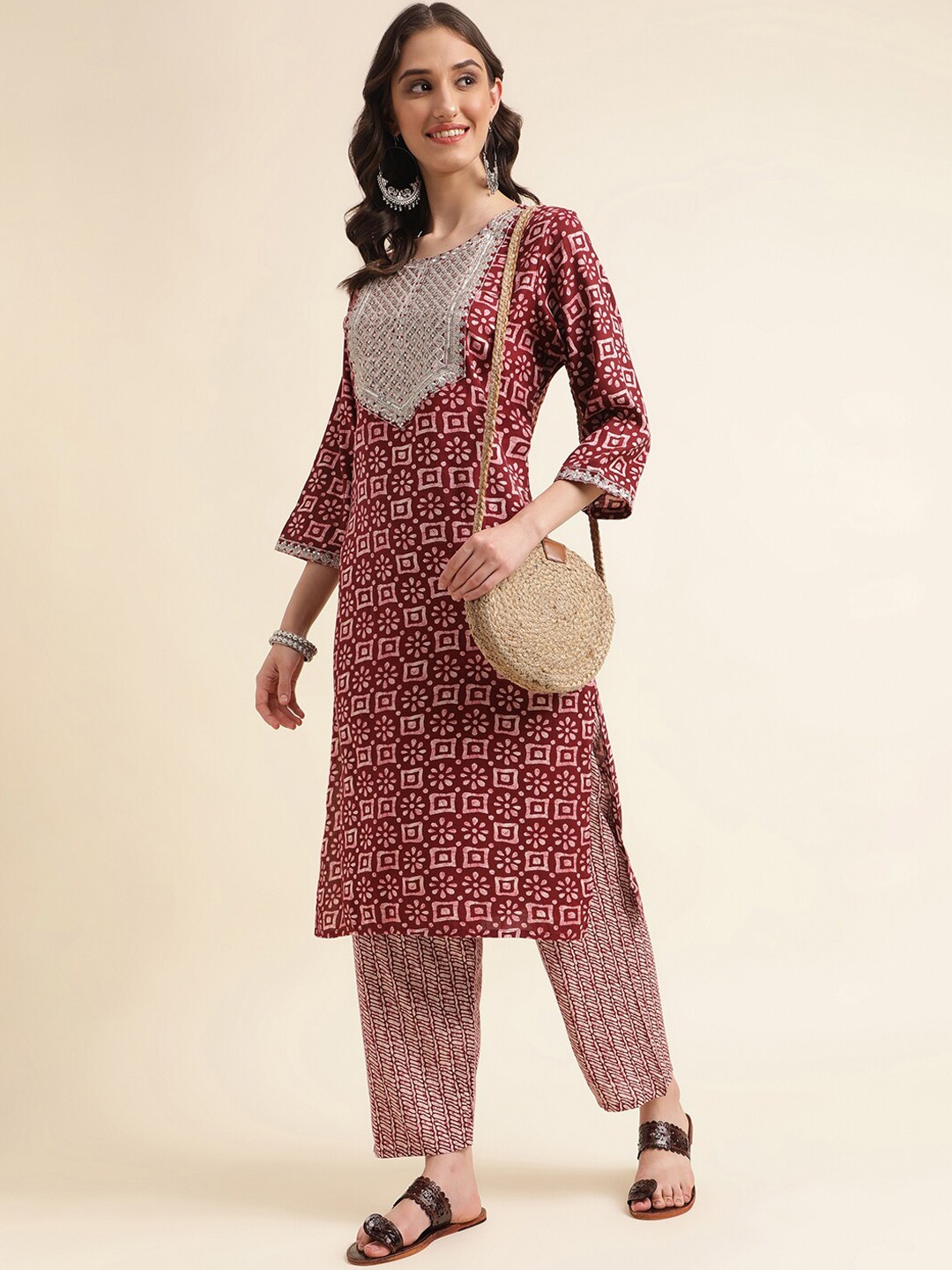 

kasee Ethnic Motifs Printed Sequinned Kurta With Trousers, Burgundy