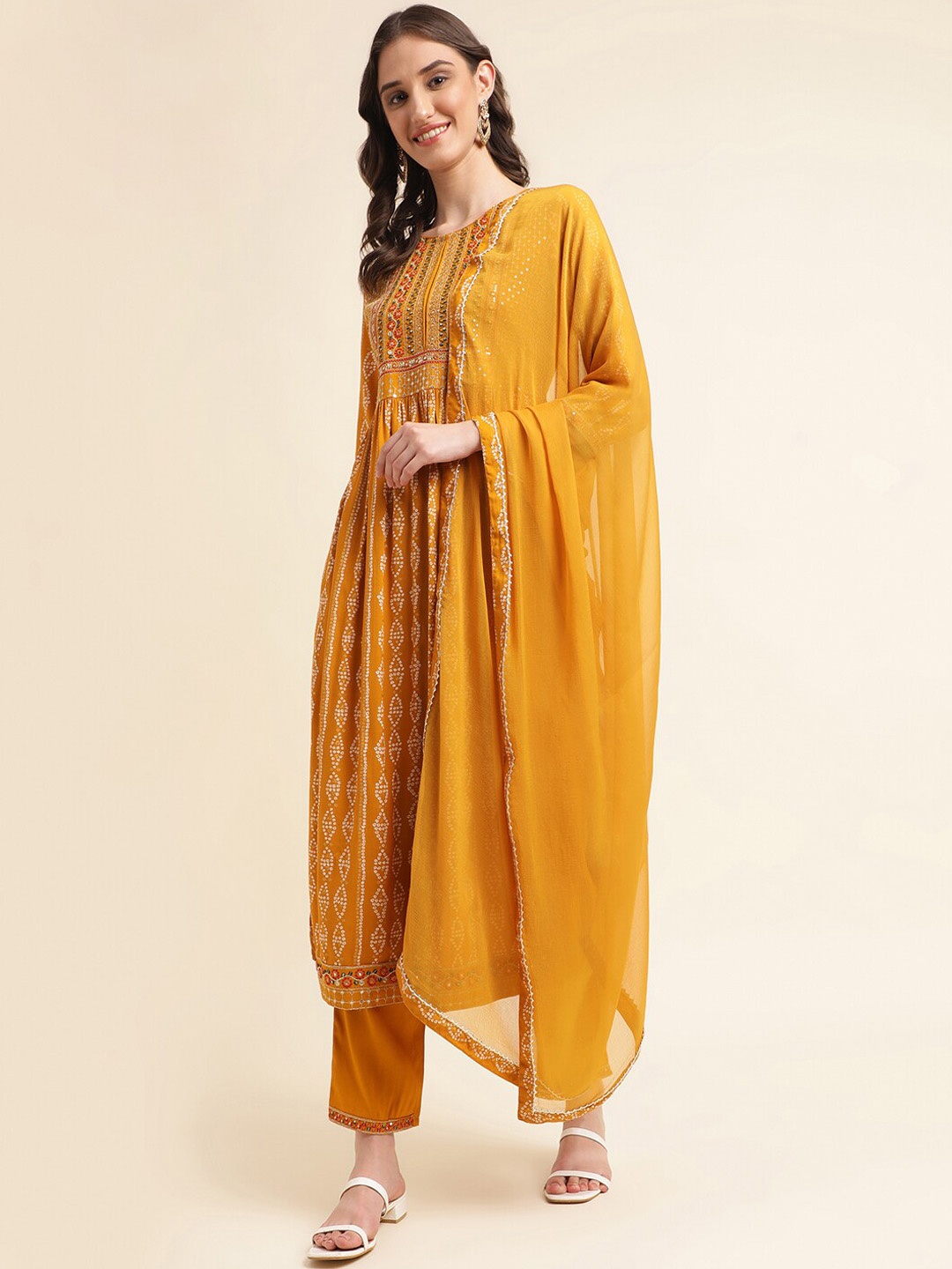 

kasee Bandhani Ethnic Motifs Embroidered Sequinned Regular Kurta with Trousers & Dupatta, Mustard