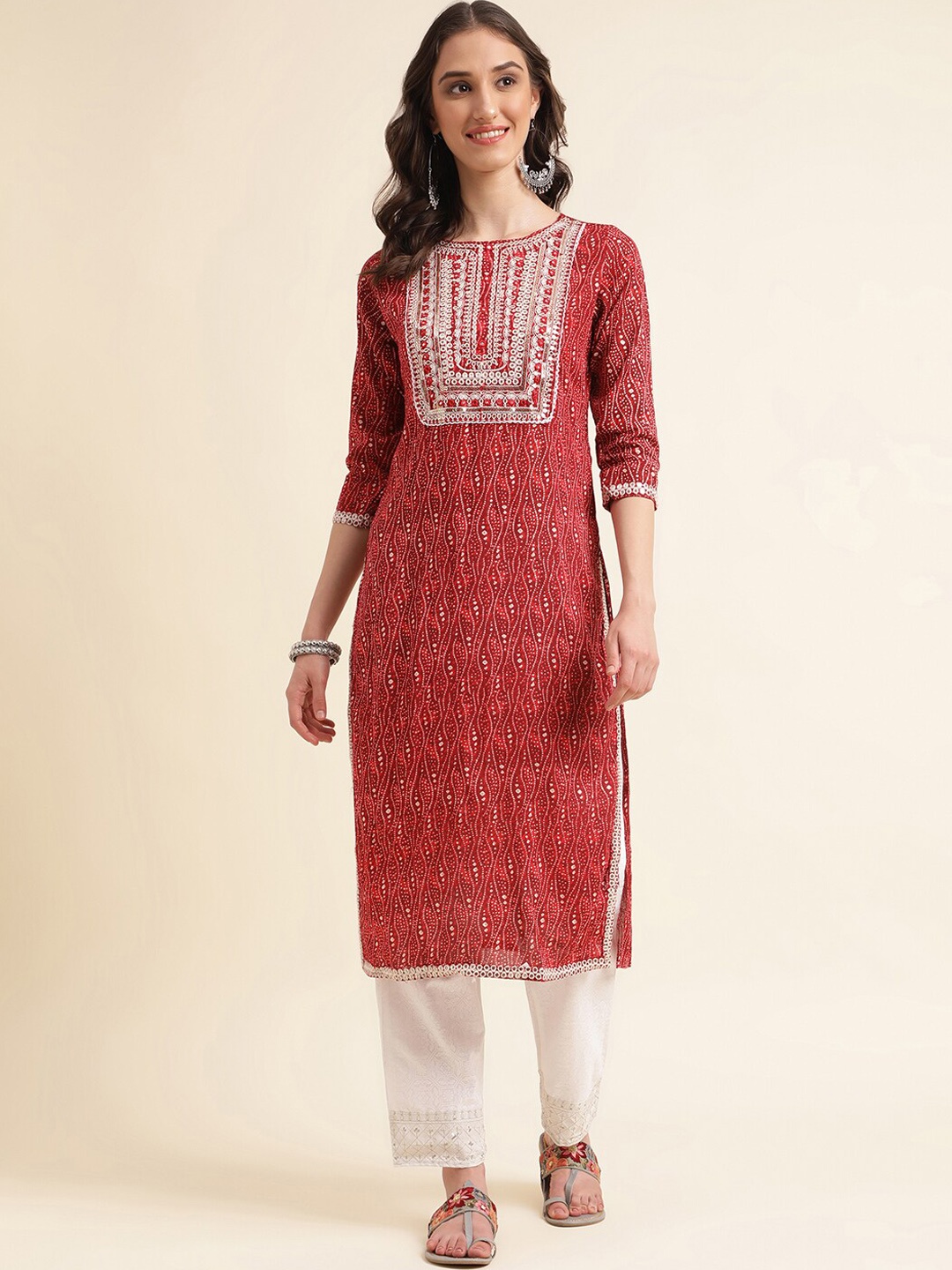 

kasee Ethnic Motifs Embroidered Regular Thread Work Kurta with Trousers, Maroon