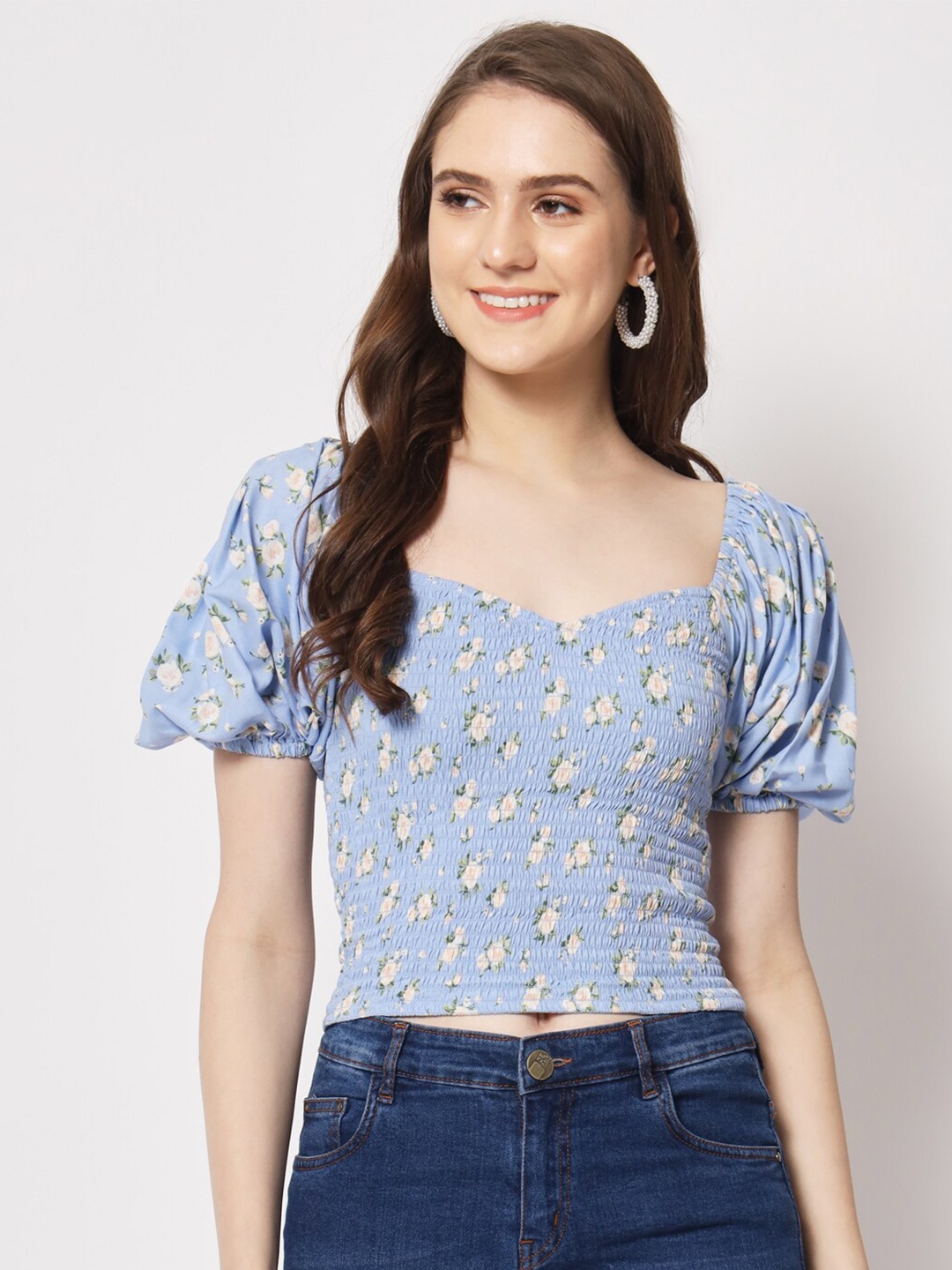 

Trend Arrest Floral Printed Sweetheart Neck Smocking Fitted Crop Top, Blue