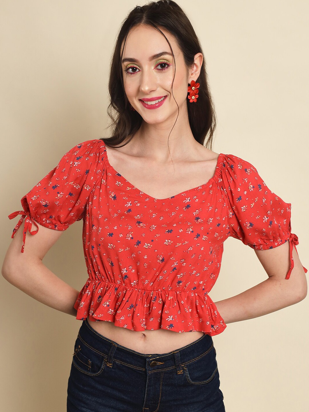 

Trend Arrest Floral Printed Cotton Peplum Crop Top, Red