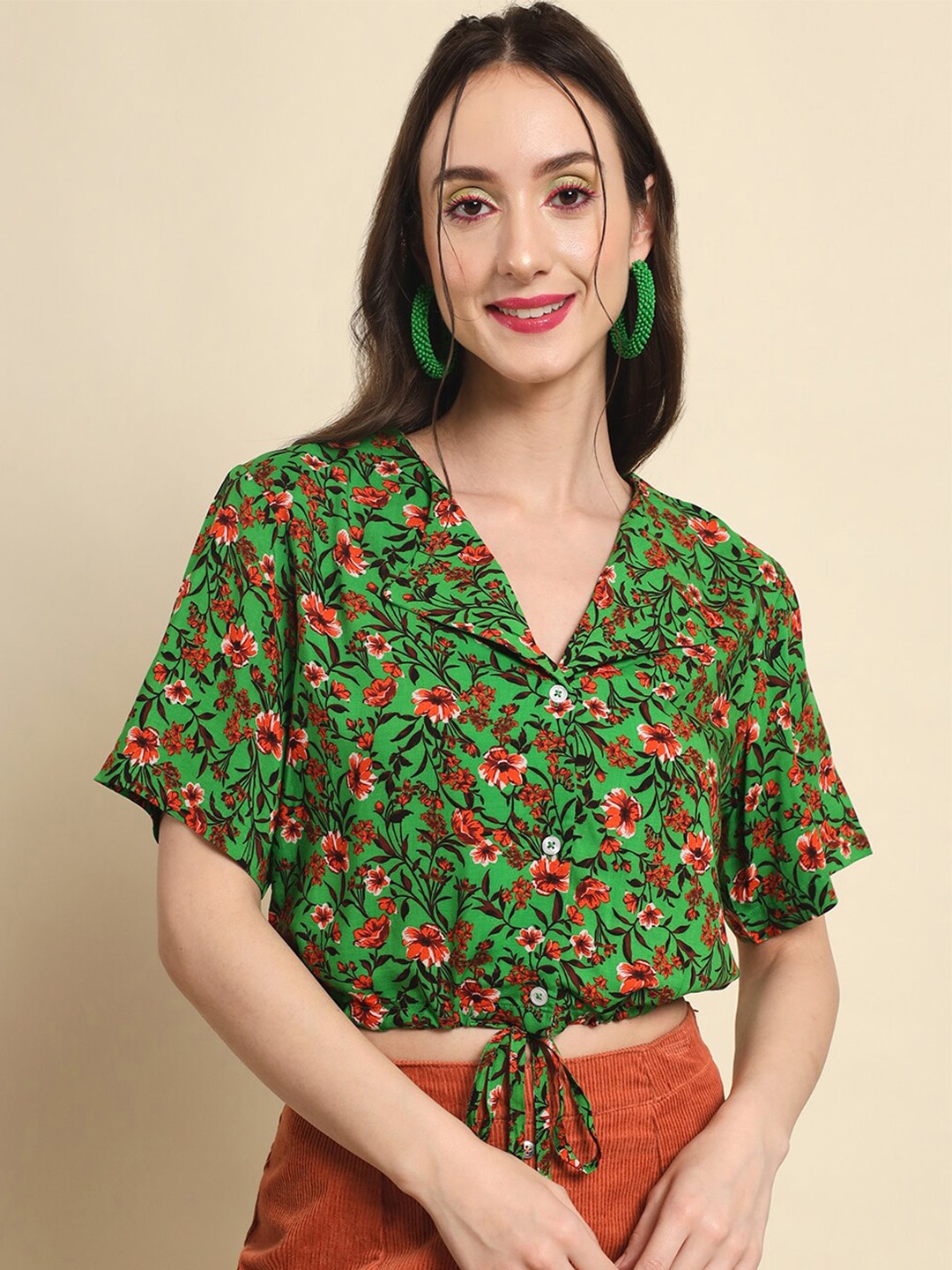 

Trend Arrest Floral Printed Tie-Up detail Shirt Style Crop Top, Green