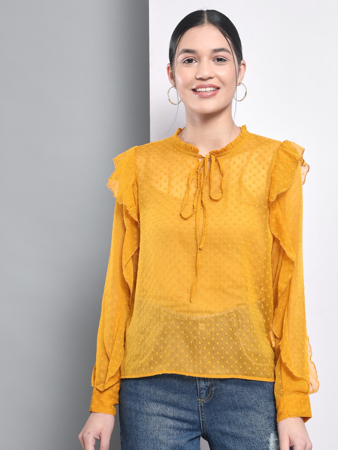 

Trend Arrest Self Design Tie-Up Neck Dobby Ruffled Chiffon Top, Yellow