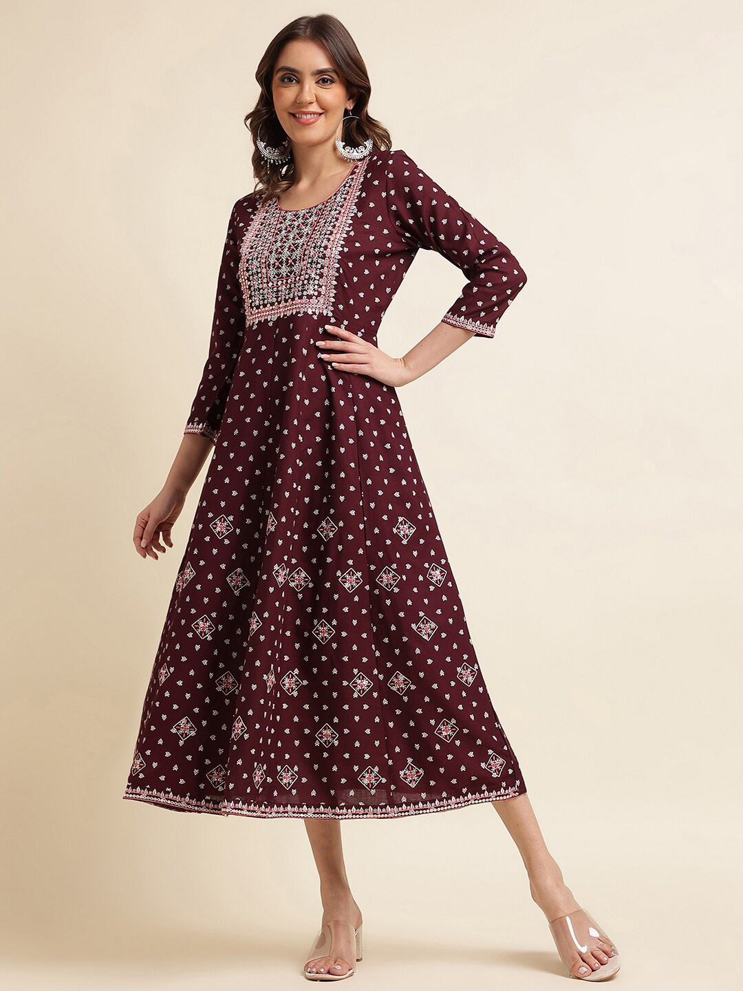 

Kasee Embroidered Round Neck Midi A-Line Ethnic Dress, Burgundy