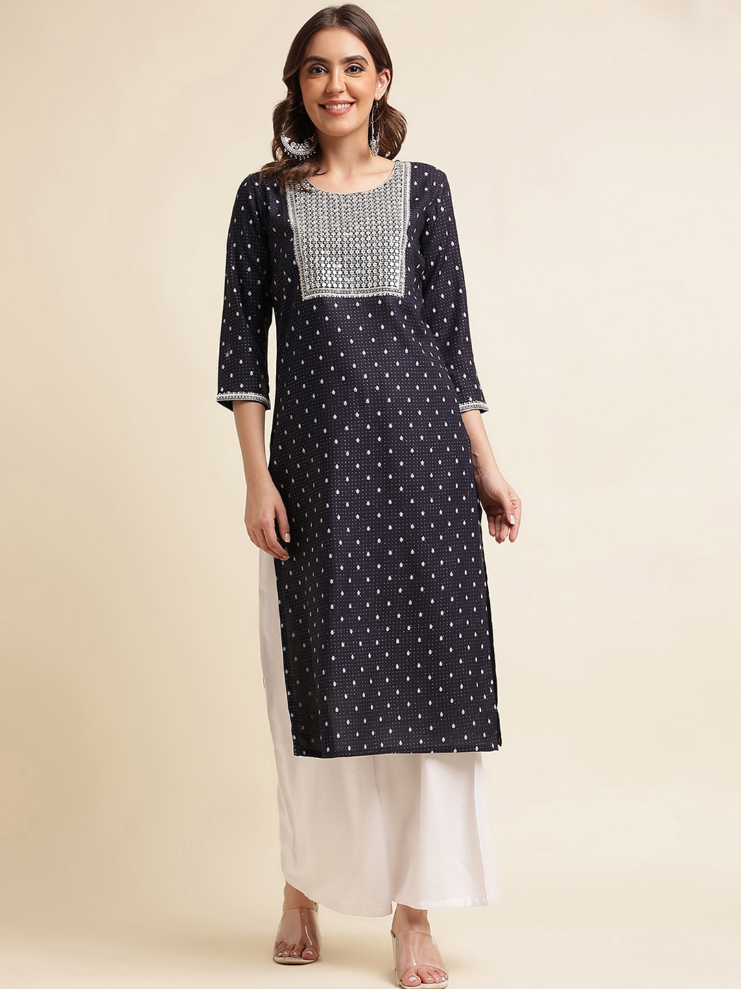 

kasee Geometric Embroidered Thread Work Kurta, Navy blue