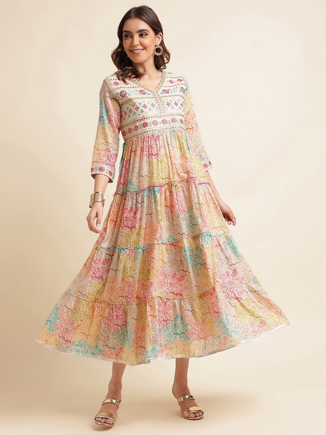 

Kasee Embroidered V-Neck & Printed Anarkali Layered Midi Dress, Cream