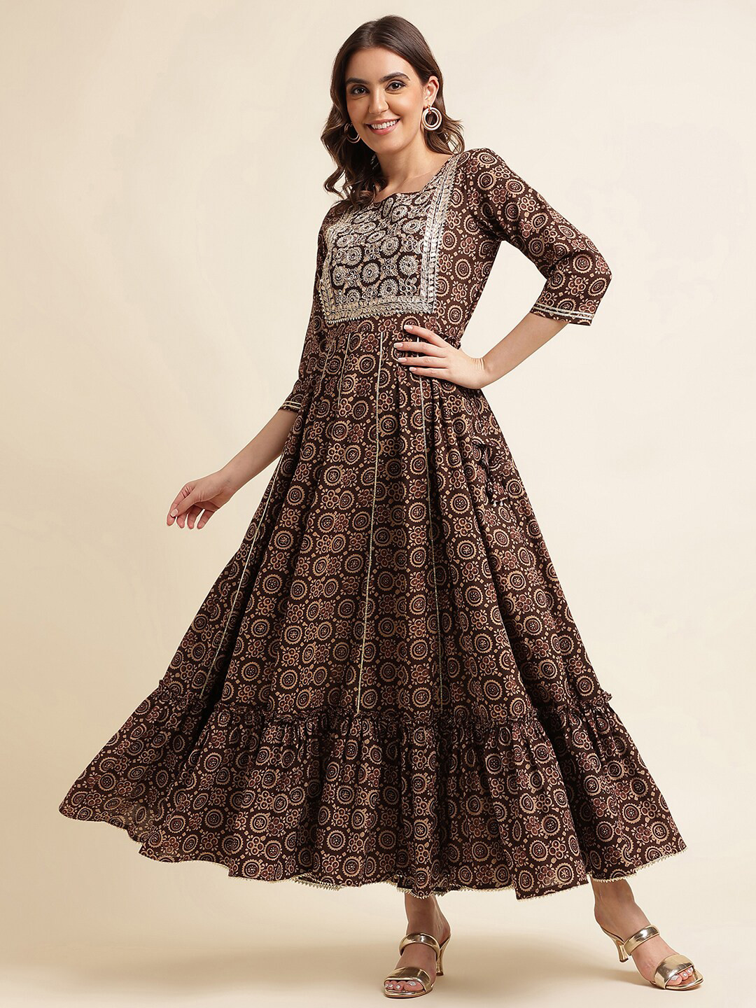 

Kasee Embroidered Yoke Printed Panalled Maxi Ethnic Dress, Burgundy