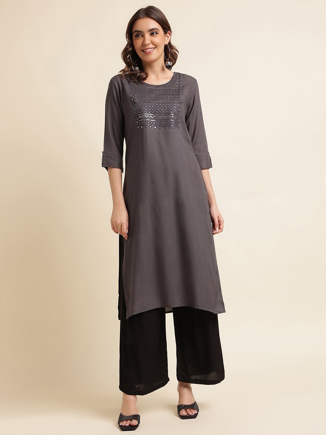 

kasee Embroidered Thread Work Kurta, Grey
