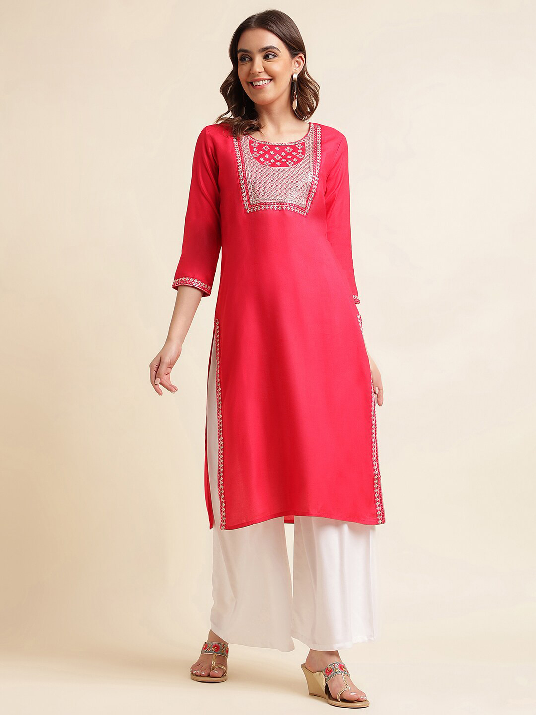 

kasee Geometric Embroidered Thread Work Kurta, Pink