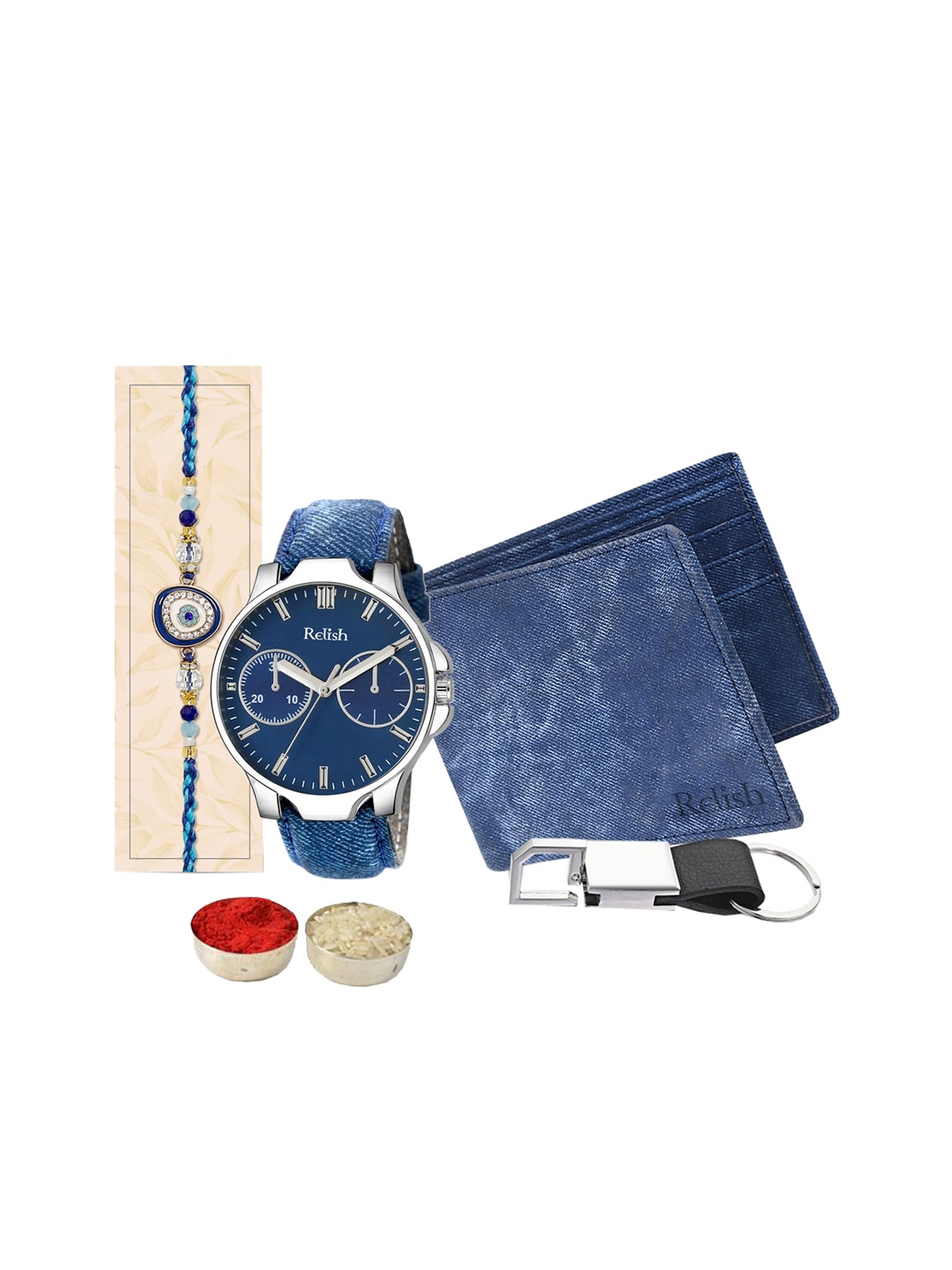 

Relish Men Evil Eye Charm Rakhi With Roli Chawal, Watch & Wallet & Keychain, Blue