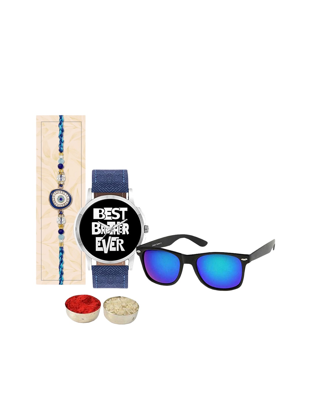 

Relish Men Evil Eye Motif Studded Rakhi With Watch & Sunglass, Blue
