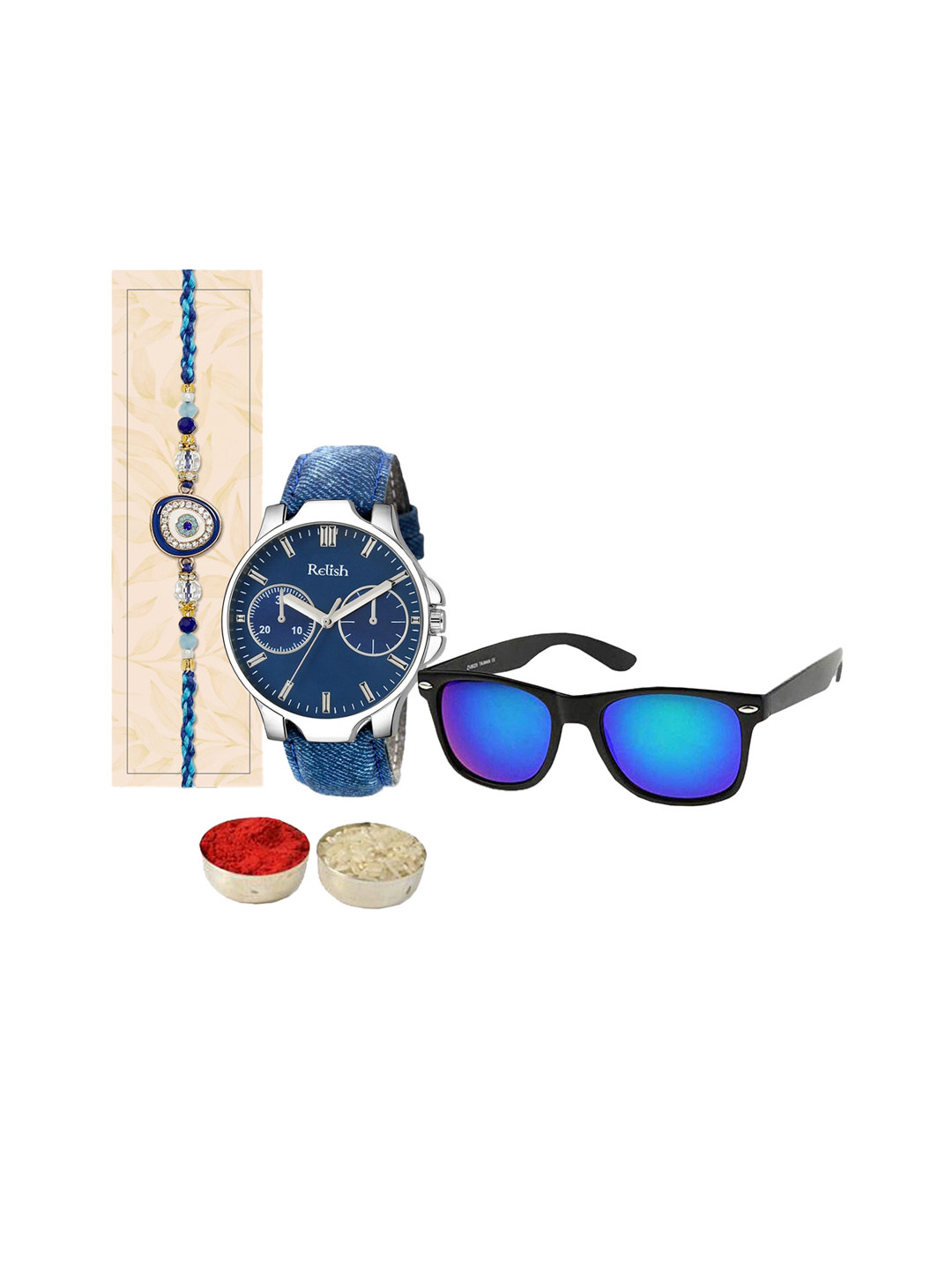 

Relish Evil Eye Charm Thread Rakhi With Roli Chawal, Watch & Sunglass, Blue