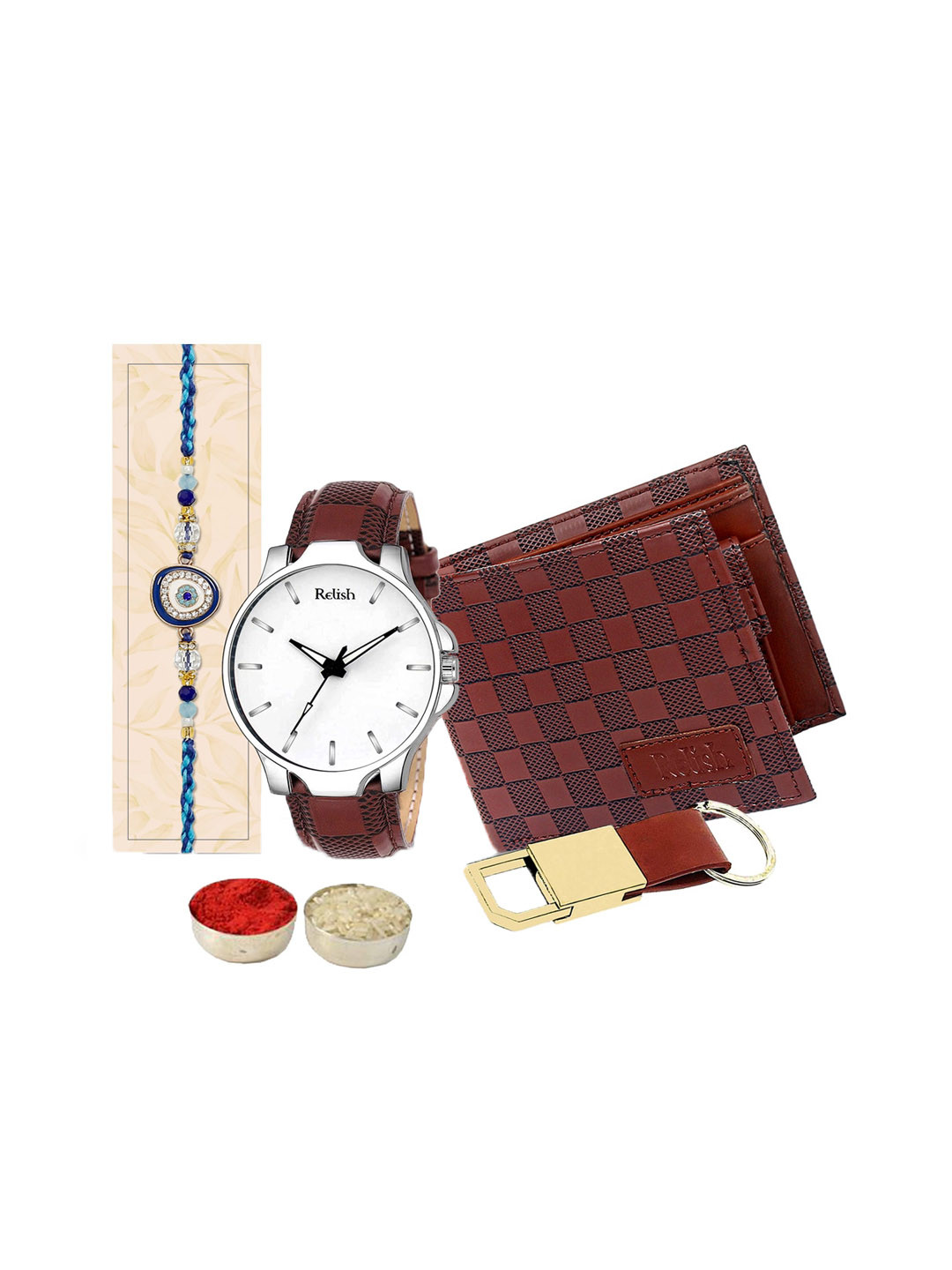 

Relish Evil Eye Charm Rakhi With Roli Chawal, Watch, Wallet & Keychain, Brown