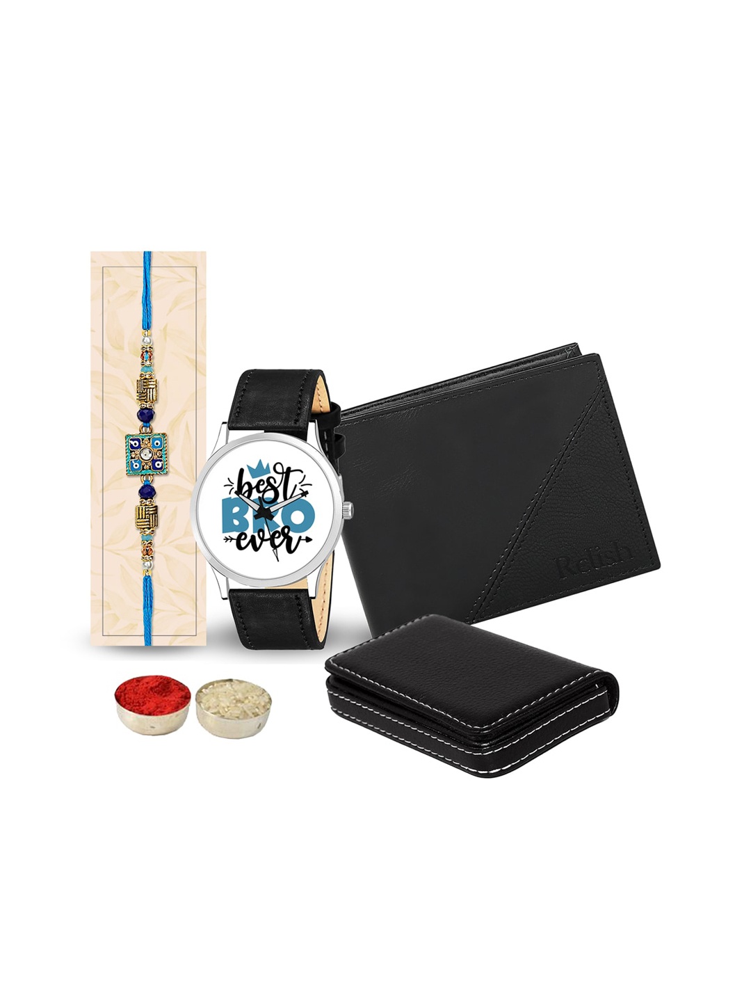 

Relish Evil-Eye Charm Thread Rakhi With Roli Chawal, Watch, Wallet & Cardholder, Black